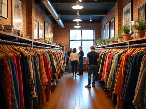 Customer browsing through colorful vintage clothing racks in Cedar Rapids boutique