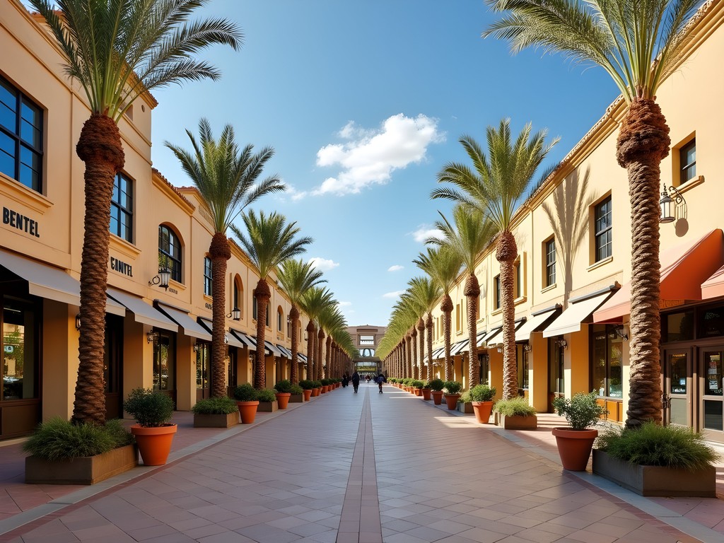 Historic Chandler downtown shopping district with adobe-style architecture and palm trees