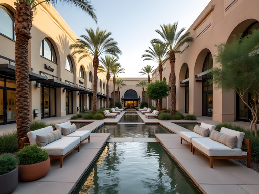 Modern shopping mall courtyard with desert landscaping and water features in Chandler, Arizona