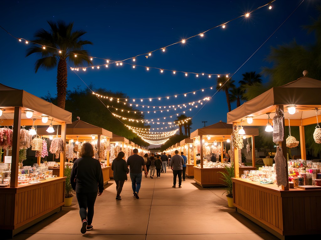 Evening outdoor market in Chandler with string lights, vendor booths, and shoppers under starry desert sky