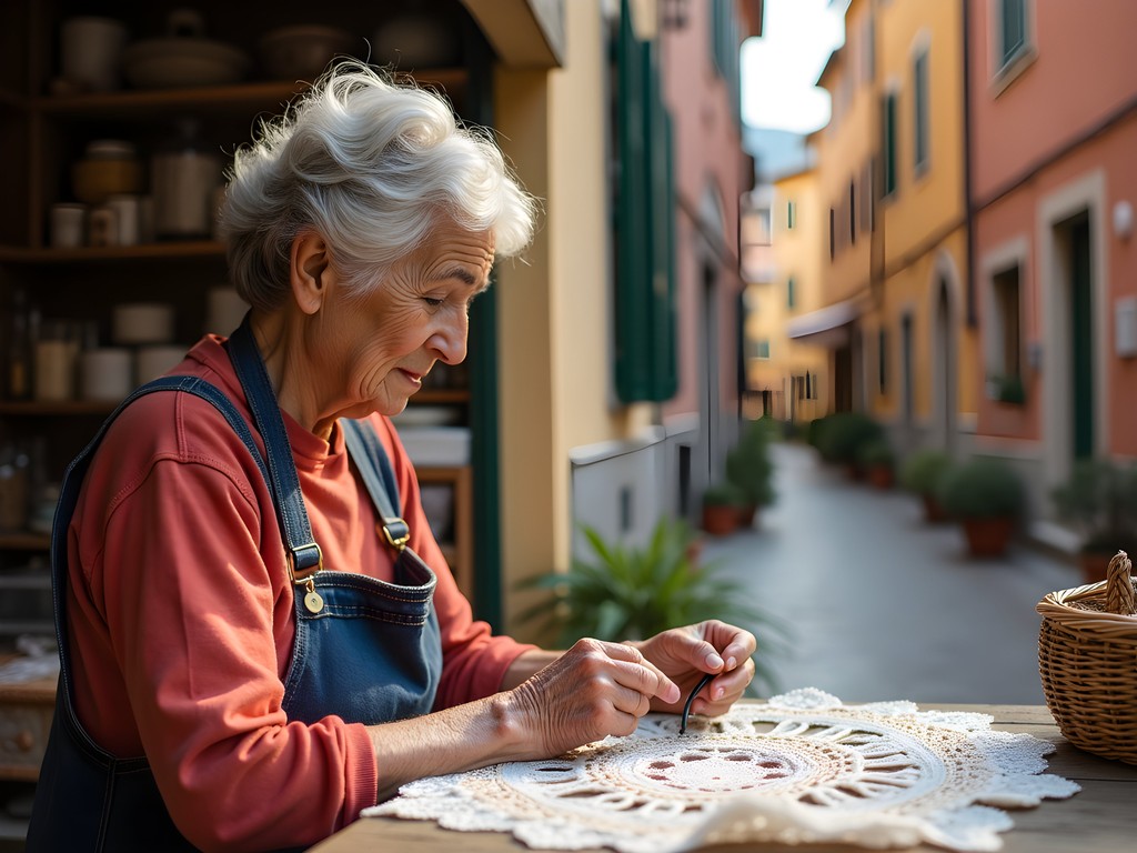 Elderly Italian woman creating handmade lace in Monterosso al Mare shop