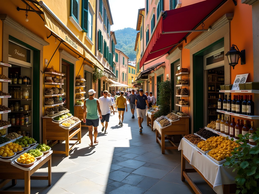 Colorful food shops displaying local specialties in Riomaggiore main street