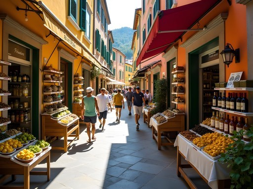 Colorful food shops displaying local specialties in Riomaggiore main street
