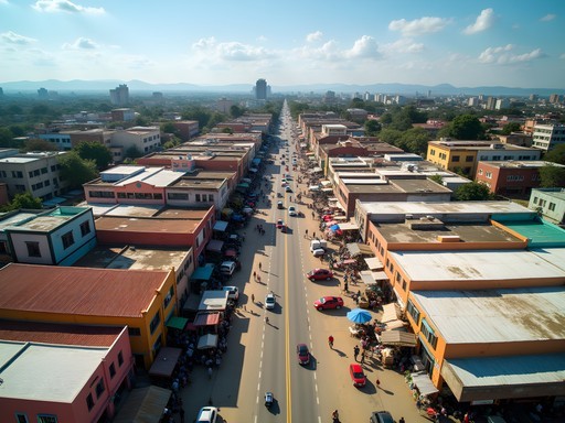 Aerial view of Ciudad del Este's bustling market district near the Friendship Bridge