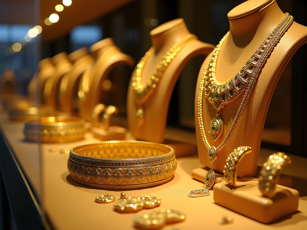 Elaborate gold jewelry displays in Doha's Gold Souq showing traditional Arabic designs