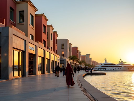 Luxury shopping district and marina at The Pearl-Qatar during golden hour sunset