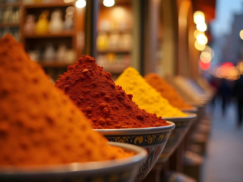 Colorful spice displays at Souq Waqif in Doha during evening hours