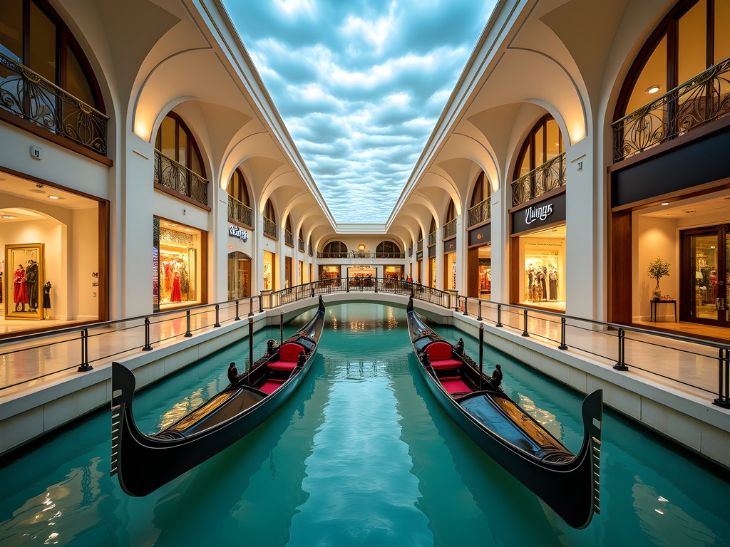 Indoor Venetian-themed canal with gondolas inside Villaggio Mall in Doha