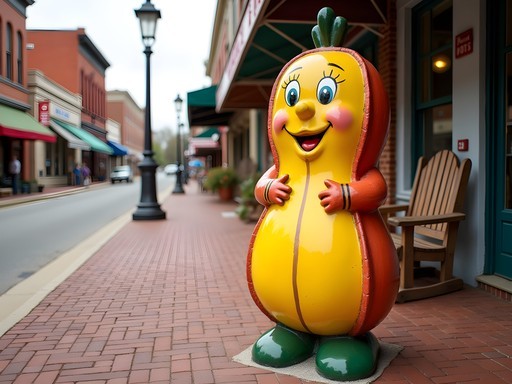 Woman sketching colorful peanut sculpture in downtown Dothan with antique shops in background