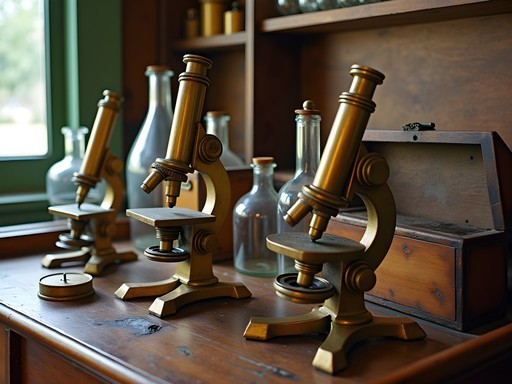 Collection of vintage scientific instruments and laboratory equipment at Angels Antique Mall