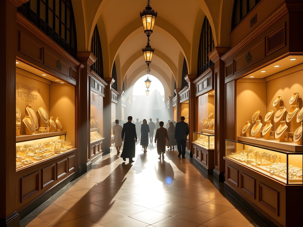 Morning light streaming through Dubai Gold Souk's covered walkways illuminating shop displays