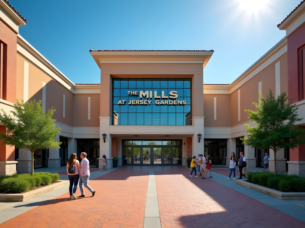 The grand entrance of The Mills at Jersey Gardens shopping mall in Elizabeth, New Jersey