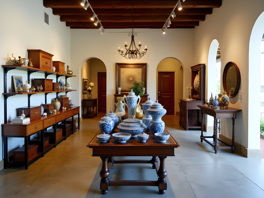 Artisanal wooden homeware products displayed in colonial interior of Galle Fort shop
