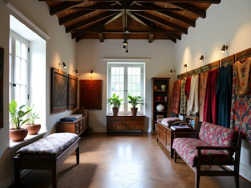 Colorful handloom textiles displayed in colonial building in Galle Fort