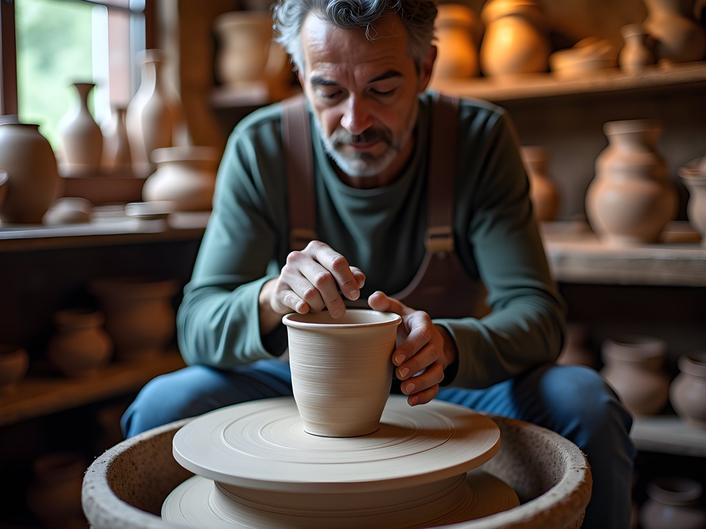 Traditional pottery workshop in Gdansk Old Town with artisan at potter's wheel