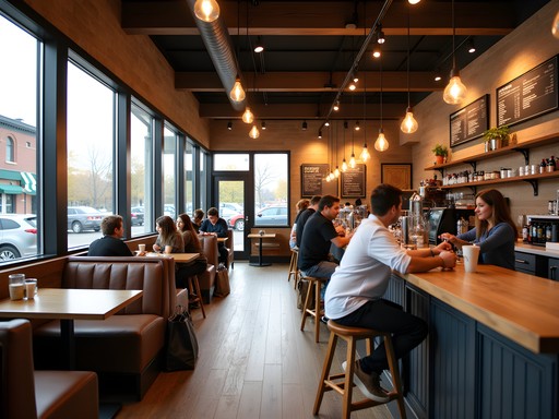 Cozy coffee shop in Grand Forks with comfortable seating and people relaxing between shopping