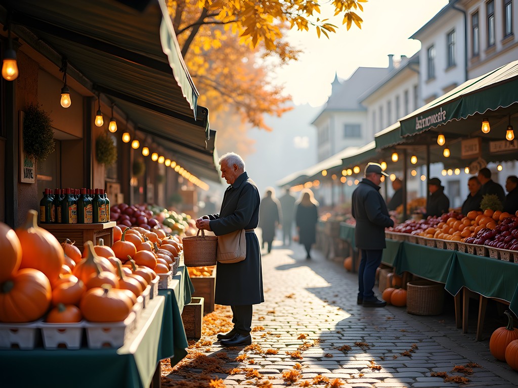 Morning light illuminating fresh produce and local vendors at Kaiser Josef Market in Graz, Austria during autumn