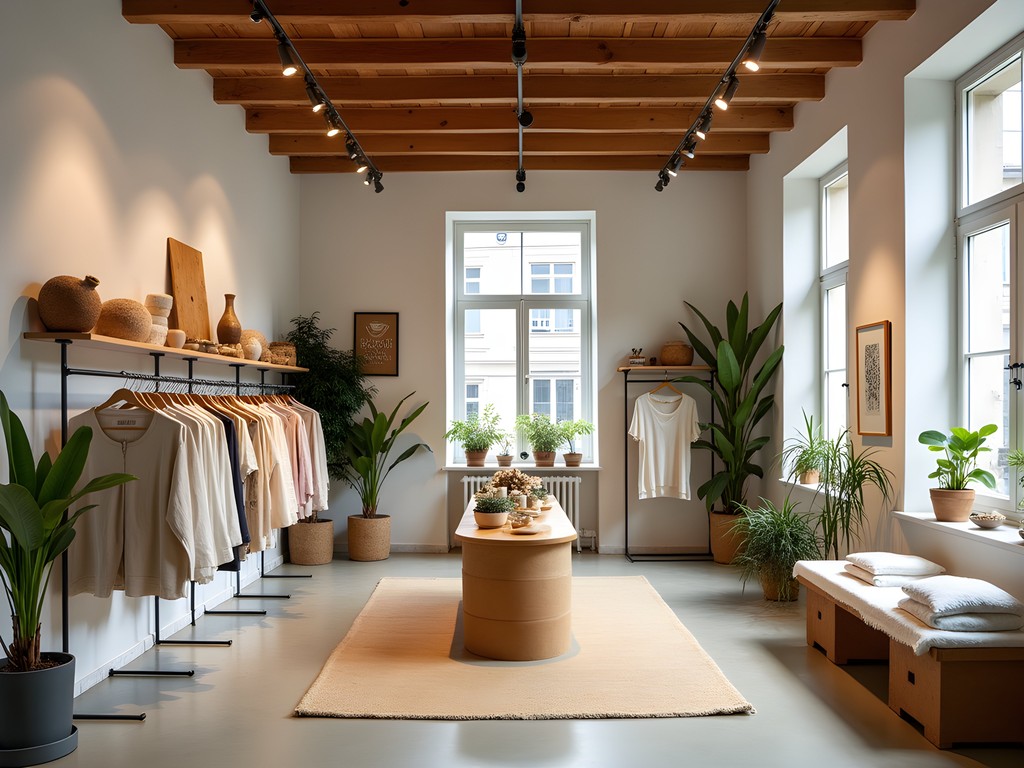 Interior of Tagwerk boutique in Graz showing upcycled fashion items and sustainable home goods with natural lighting