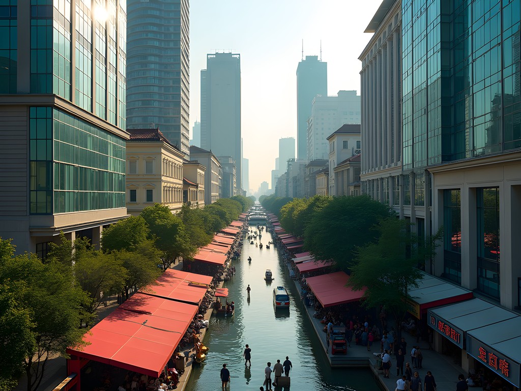 Aerial view of Guangzhou's bustling commercial district showing traditional markets alongside modern malls