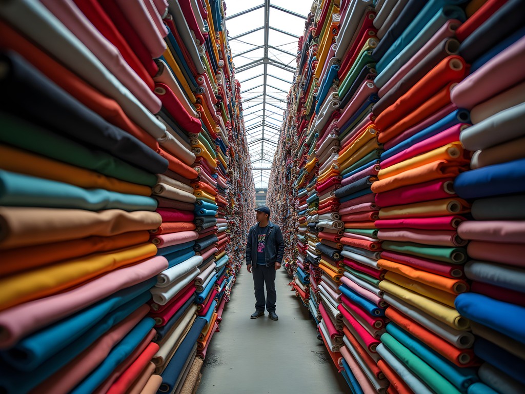 Colorful textile bolts stacked in Guangzhou's Zhongda Fabric Market with merchants and buyers negotiating
