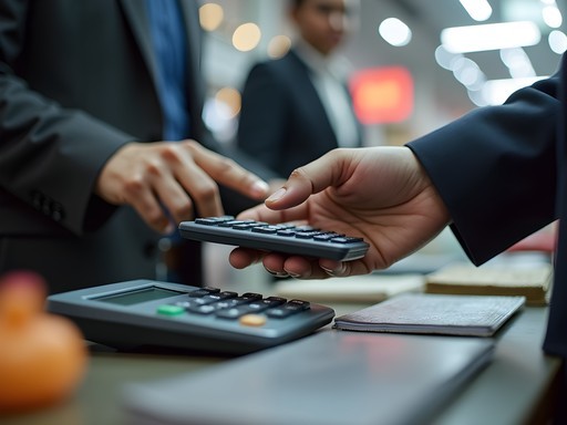 Business negotiation between merchant and buyer using calculator method in Guangzhou wholesale market