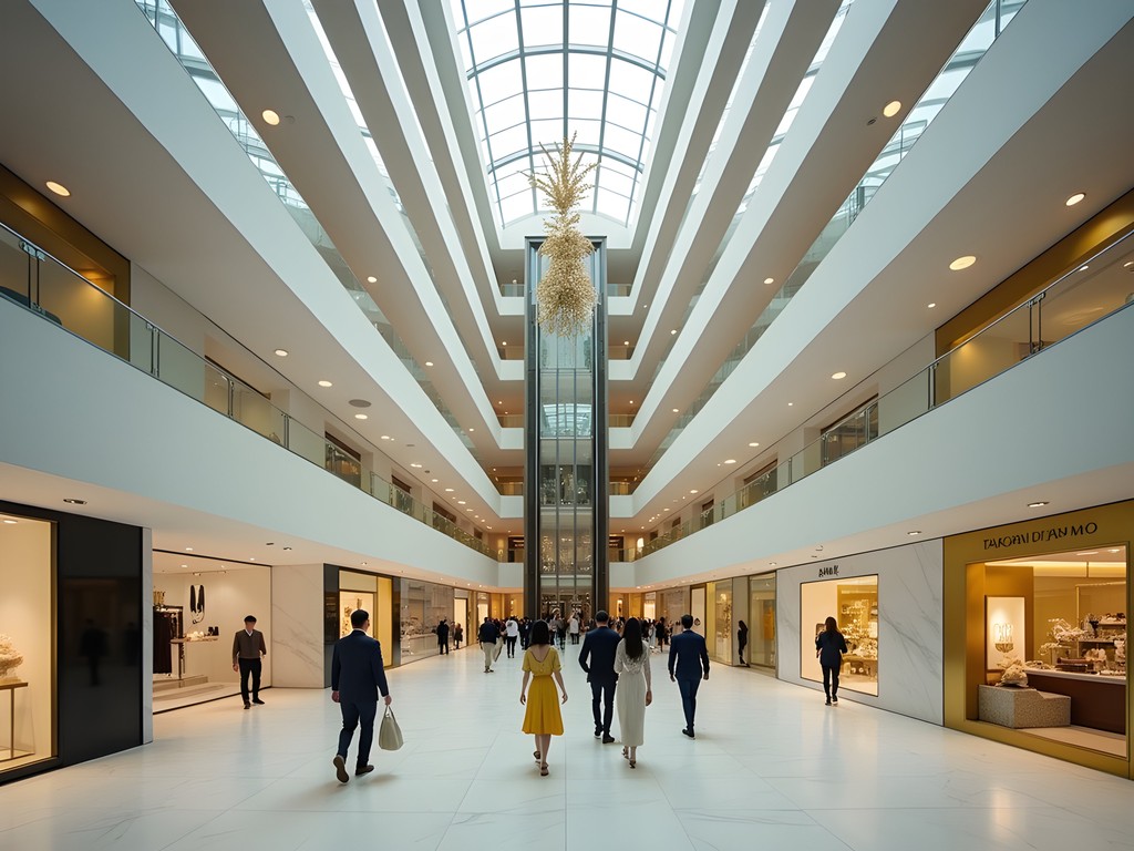 Modern interior architecture of Taikoo Hui luxury mall in Guangzhou with shoppers and art installation