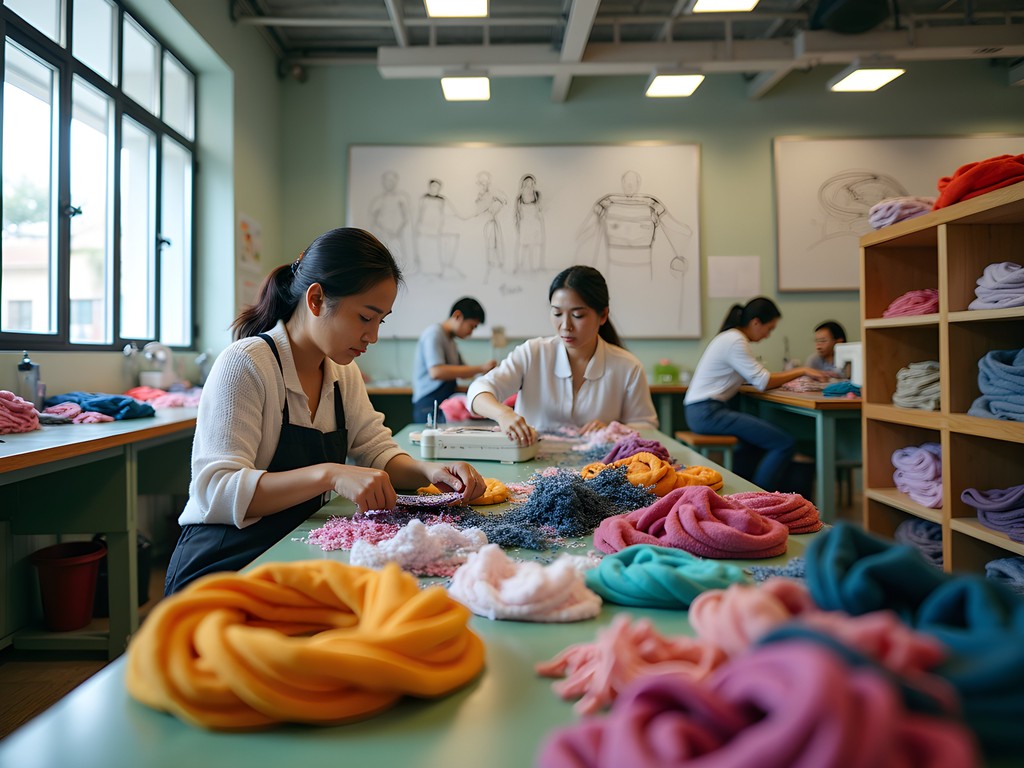 Innovative textile upcycling workshop in Haizhu district of Guangzhou with workers creating new products from fabric waste