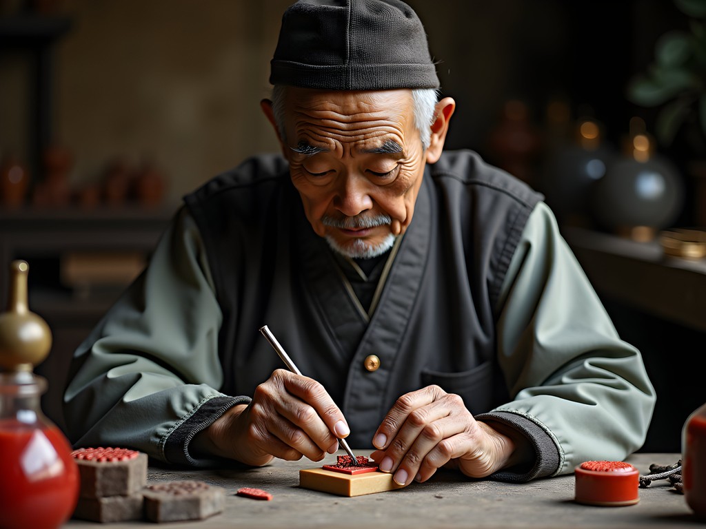 Elderly Chinese artisan carving traditional stone seals in workshop in Xiguan district of Guangzhou