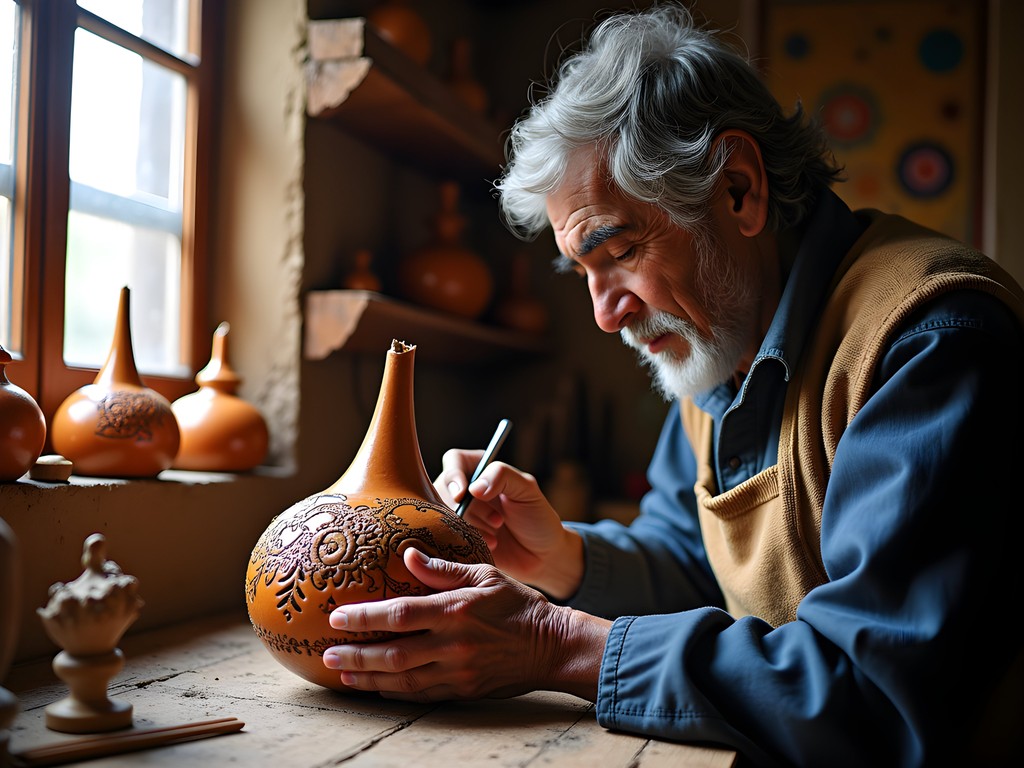 Artisan carving traditional mate burilado gourd in Cochas Chico village