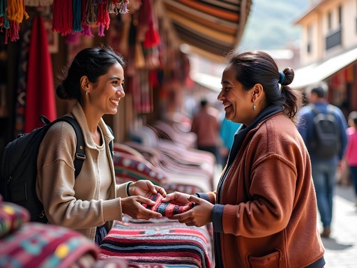Traveler respectfully negotiating with local artisan at Huancayo market