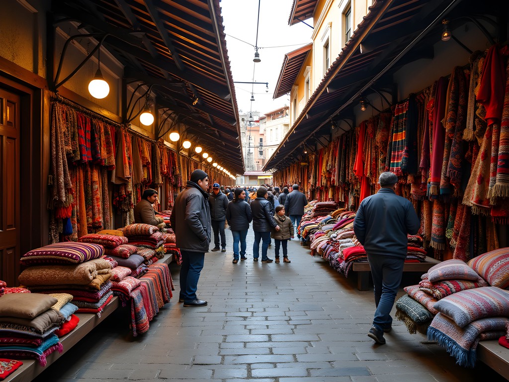 Interior of Wanka Wanka covered market with colorful craft stalls in Huancayo