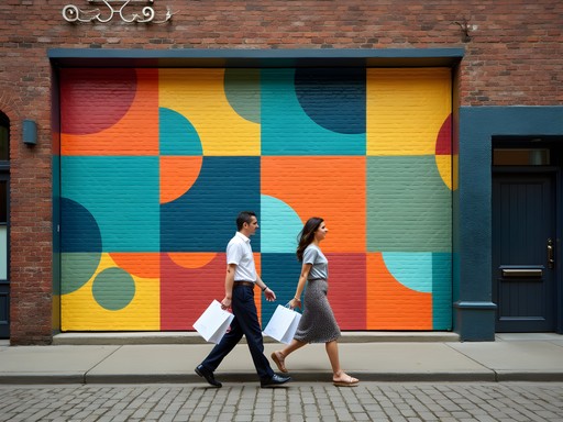 Couple shopping in front of colorful street art mural in Kansas City Crossroads Arts District