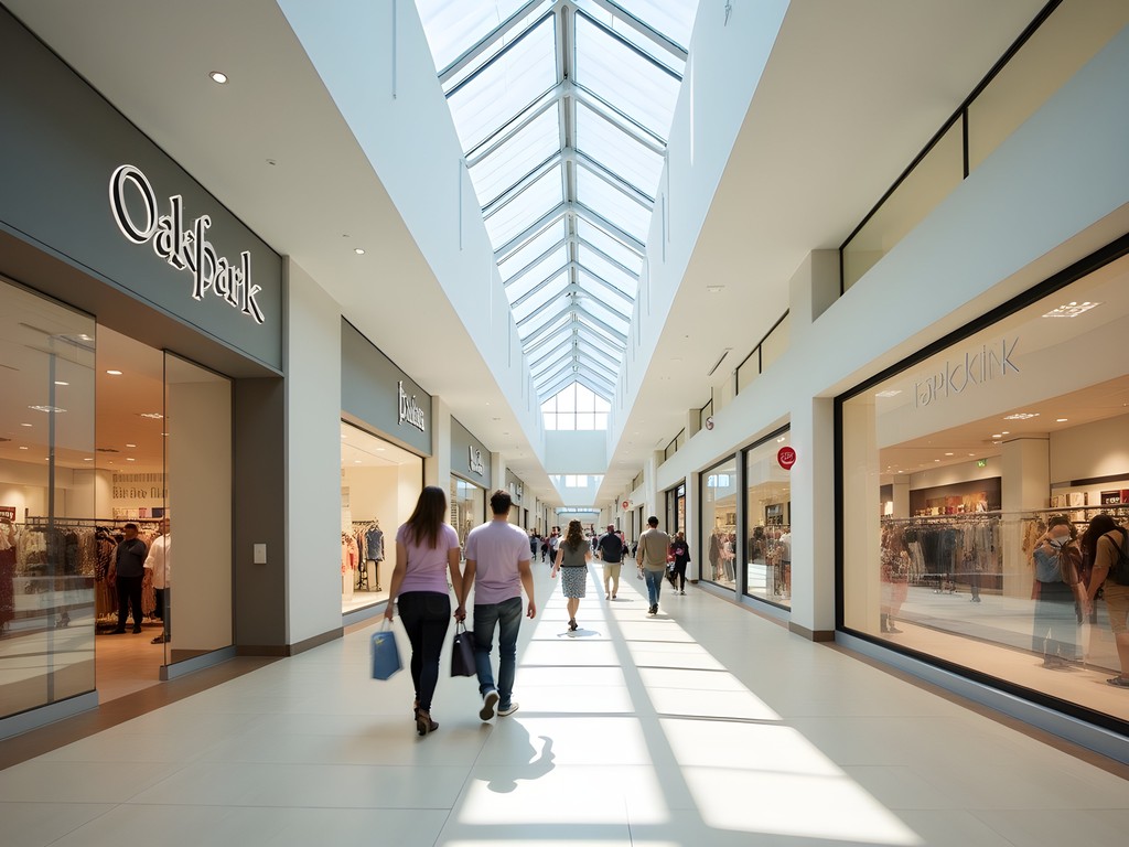 Bright, modern interior of Oak Park Mall in Overland Park Kansas with natural lighting and shoppers