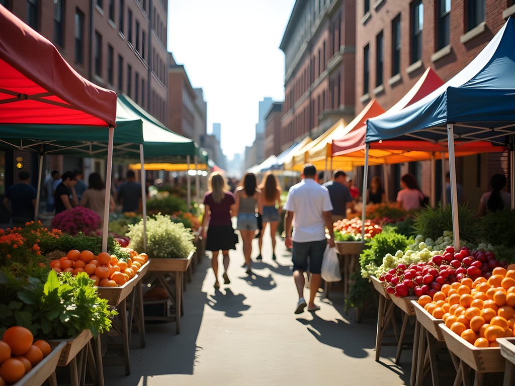 Colorful produce and flower stalls at Kansas City River Market farmers market with shoppers