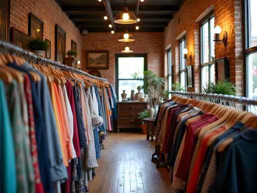 Colorful vintage clothing racks and antique displays inside a Westport Kansas City boutique