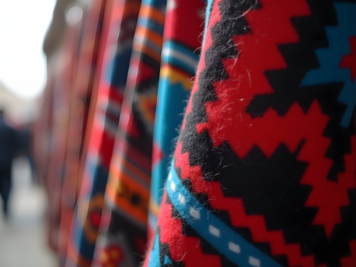 Vibrant display of traditional Kyrgyz textiles and shyrdak felt carpets at Karakol Bazaar