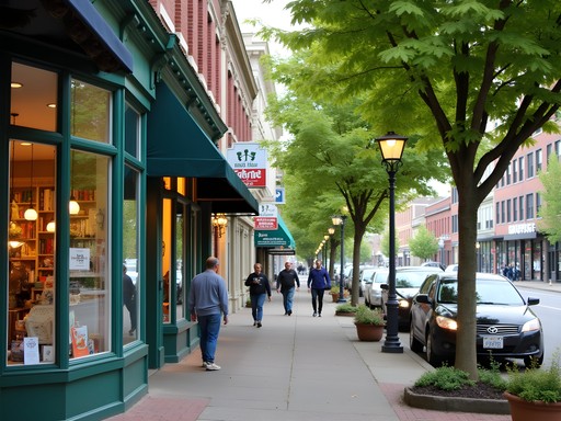 Downtown Kent Washington street with local boutique shops and pedestrians