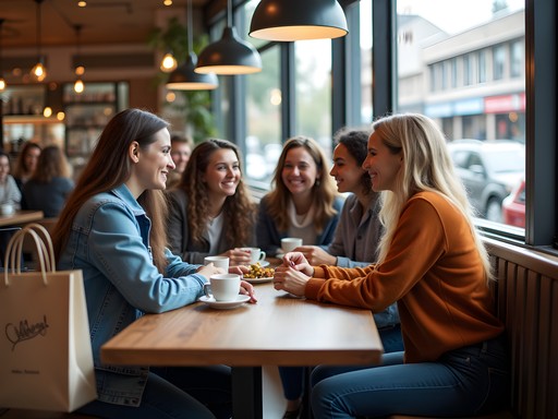 Group of friends taking a break at cafe in Kent Washington with shopping bags
