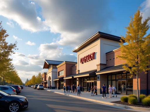 Outlet shopping center in Kent Washington with shoppers and storefronts