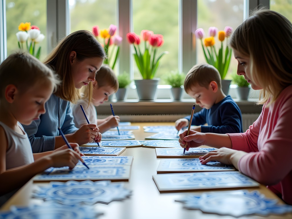 Children participating in Dutch tile painting workshop at Keukenhof Gardens