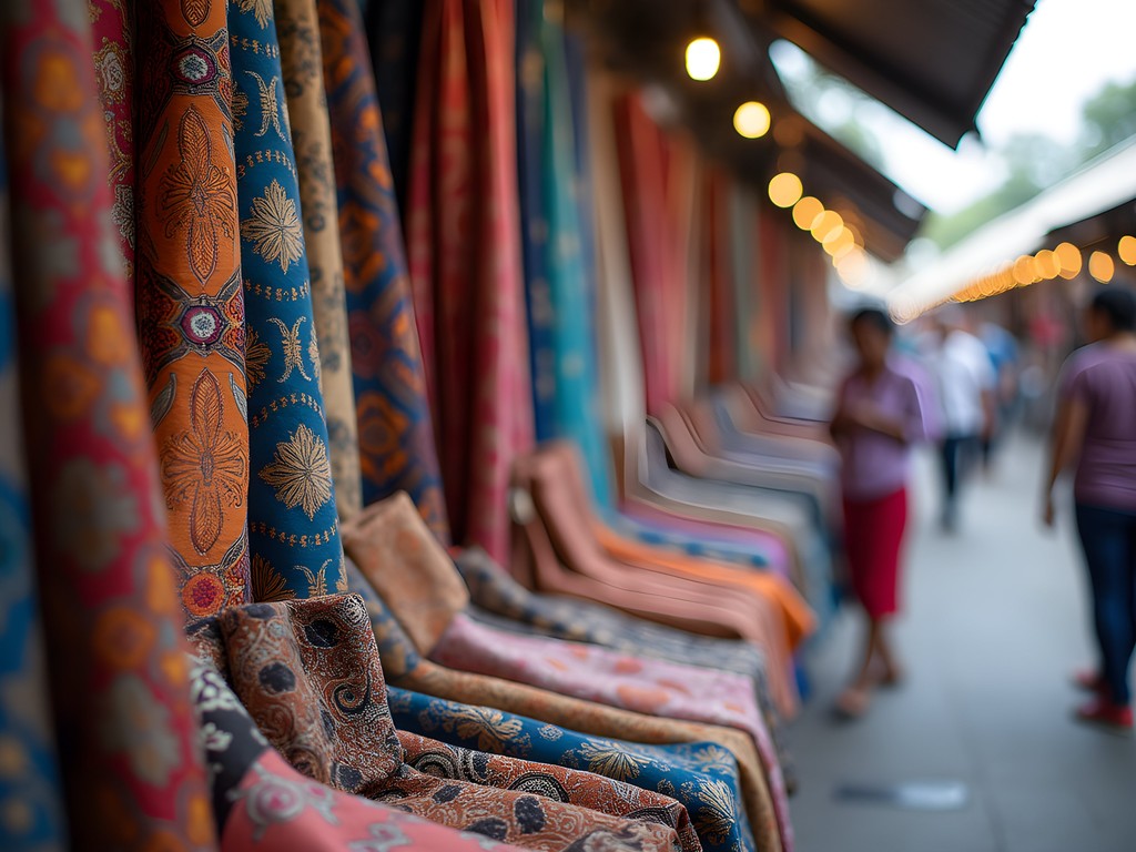 Colorful batik fabrics and handicrafts display at Central Market Kuala Lumpur
