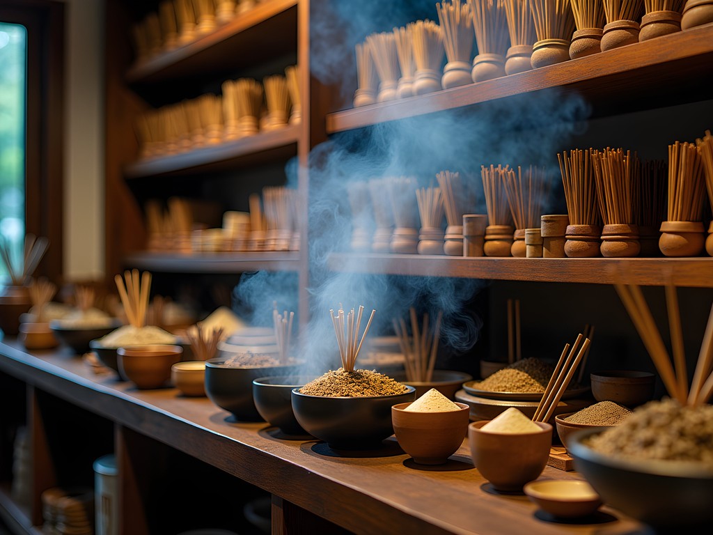Traditional Japanese incense shop with handcrafted incense and wooden tools in Kyoto