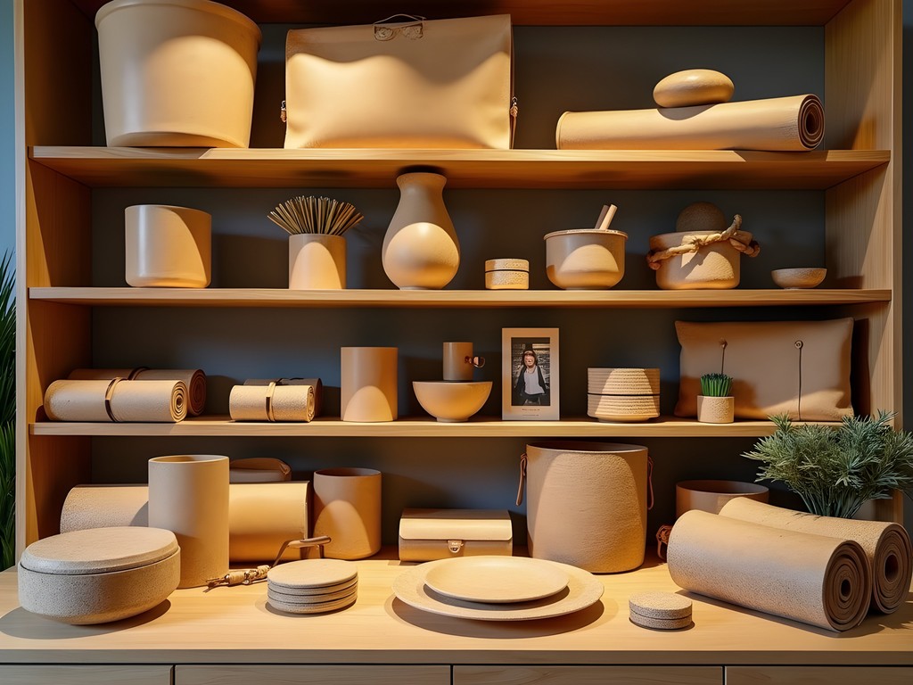 Display of sustainable cork products including bags, wallets and home accessories in Lisbon shop