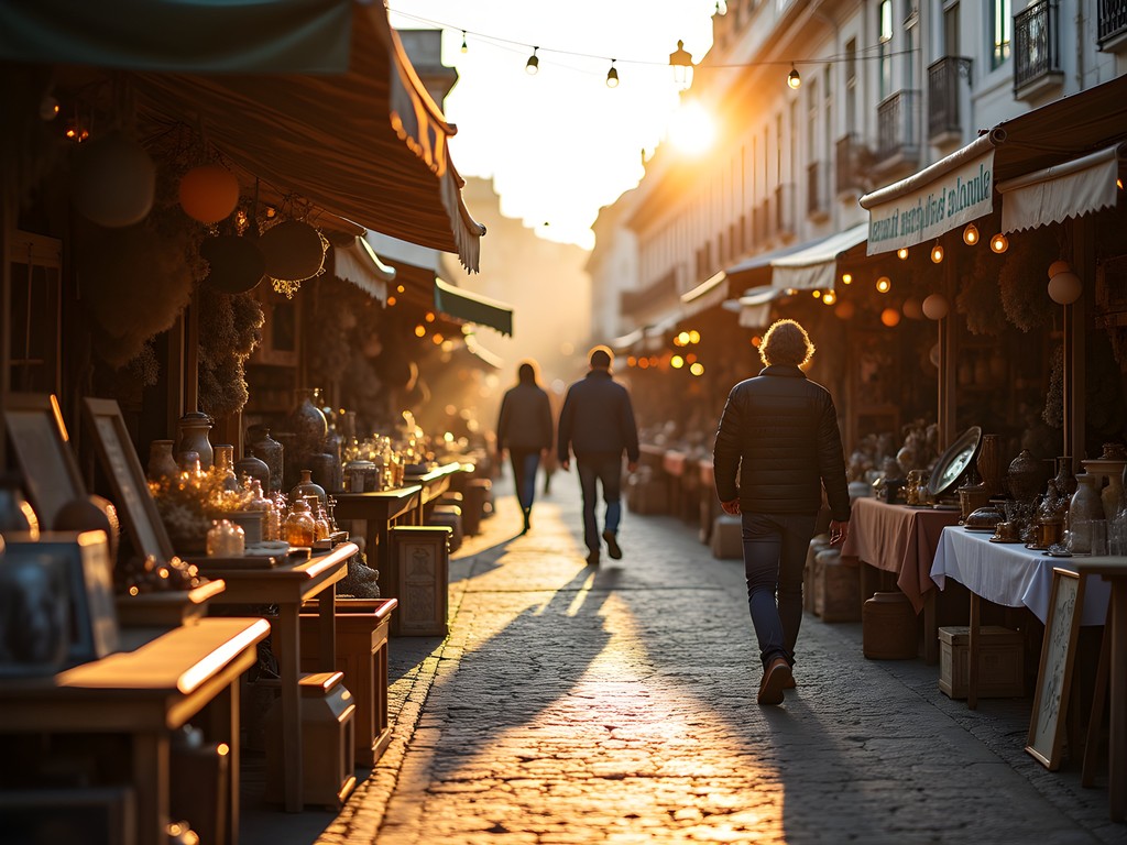 Early morning at Feira da Ladra flea market in Lisbon with vendors setting up stalls
