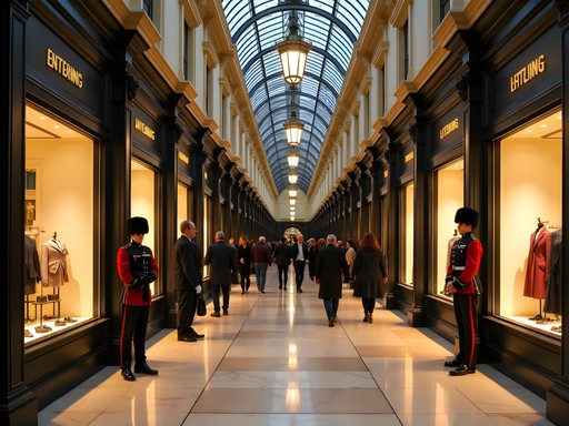 Burlington Arcade illuminated in the evening with luxury boutiques and traditional beadles