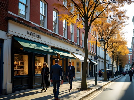 Elegant boutiques along Chiltern Street with distinctive red brick Victorian buildings