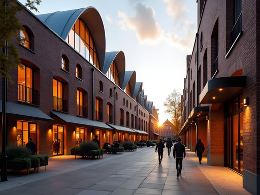 Coal Drops Yard shopping district at sunset with distinctive curved roofs and autumn colors