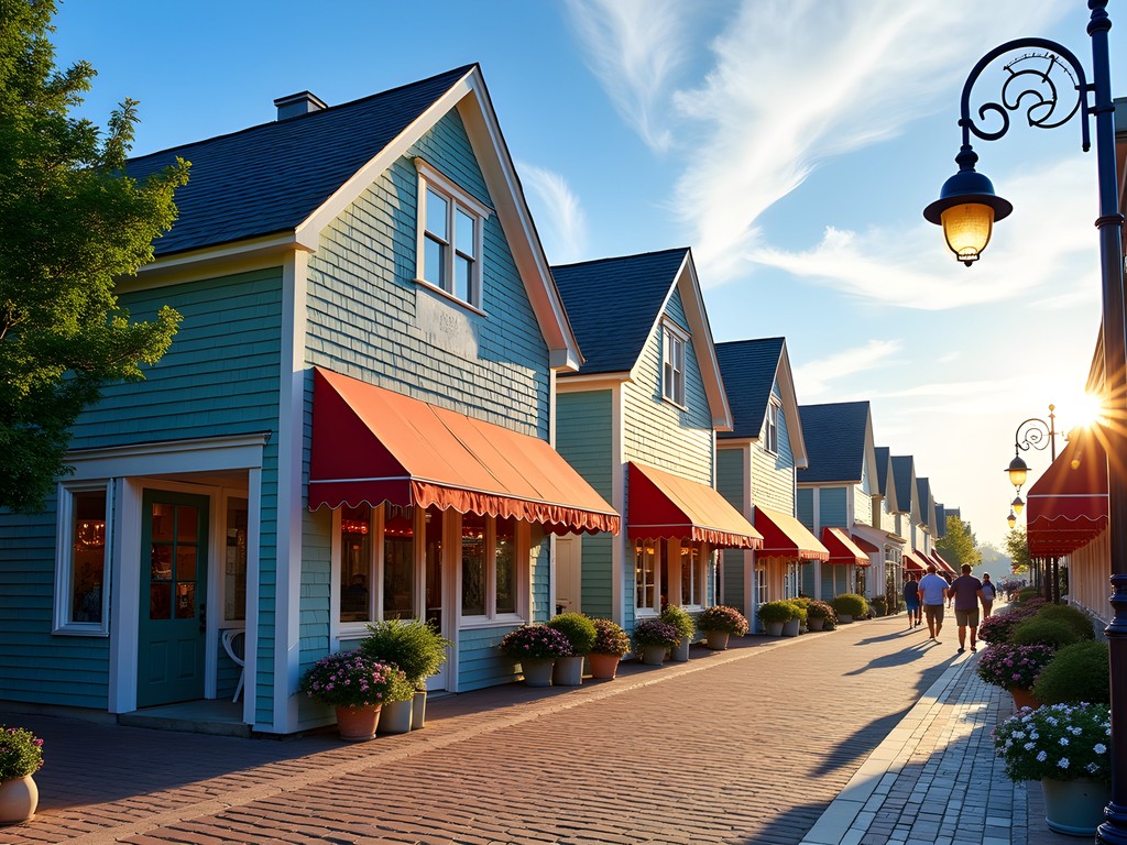 Early morning sunlight illuminating the charming cedar-shake buildings of Bay Village shopping quarter in Beach Haven