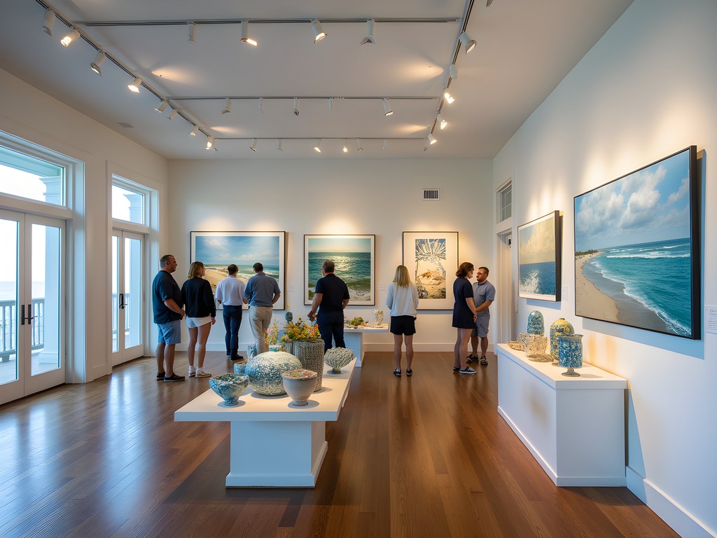 Elegant interior of an art gallery on Long Beach Island displaying coastal-inspired artwork
