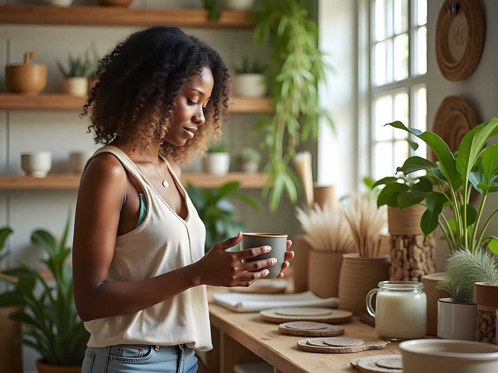 Woman examining handcrafted sustainable products in an eco-luxury boutique on Long Beach Island